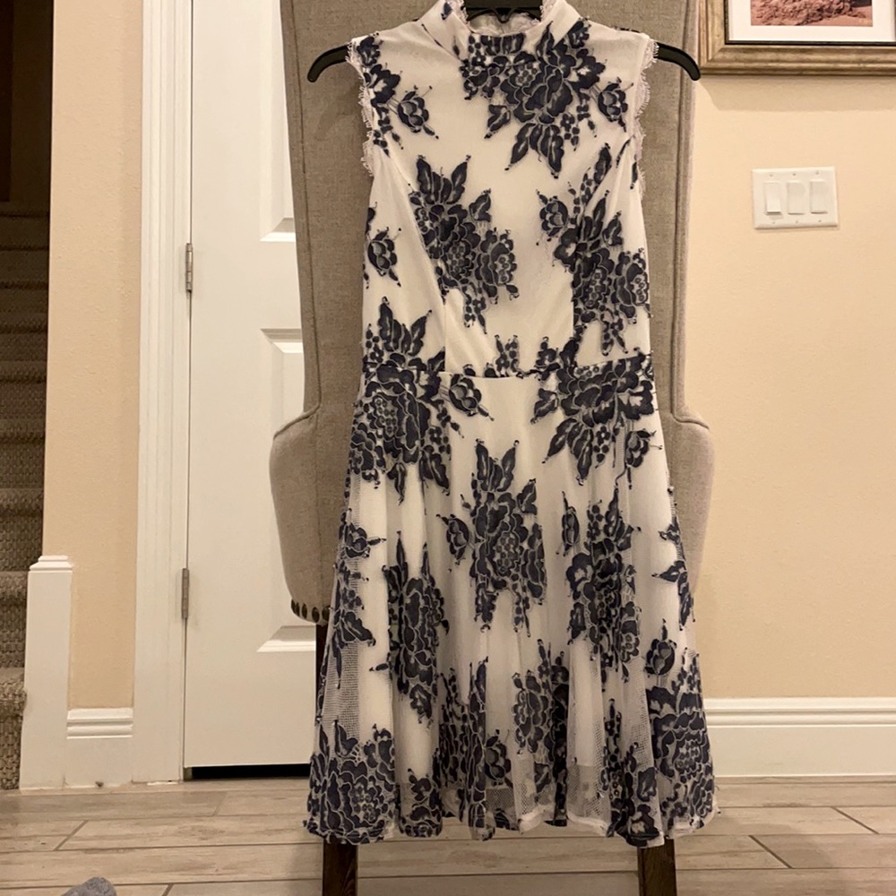 Blue flowers and white lace dress
